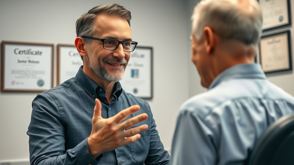 Experienced back pain chiropractor Gig Harbor consulting a patient, professional demeanor, modern clinic setting, certificates in background.