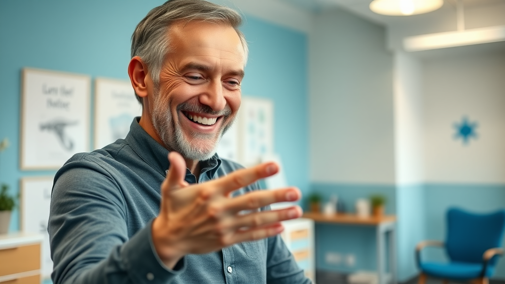 Happy patient at back pain chiropractor Gig Harbor demonstrating improved mobility by reaching down, inside a bright modern chiropractic clinic.