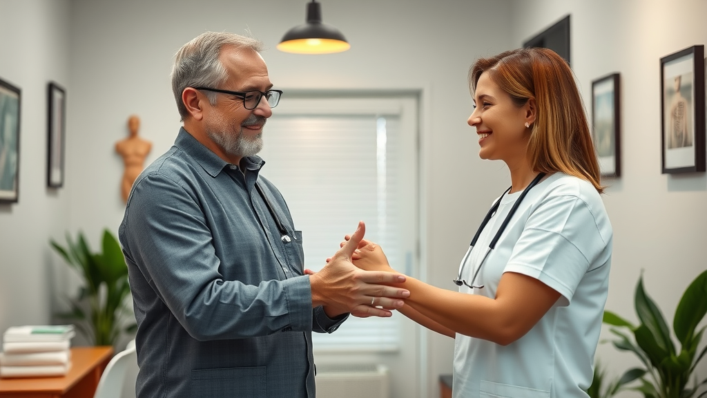 Inviting chiropractic wellness clinic in Gig Harbor with a professional back pain chiropractor greeting a patient in a clean, organized environment with natural elements and sunlight