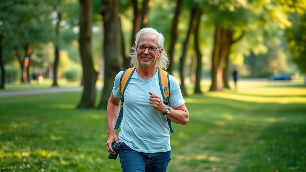 Confident adult walking in Gig Harbor park, smiling and living a pain-free, healthy life after visiting a back pain chiropractor
