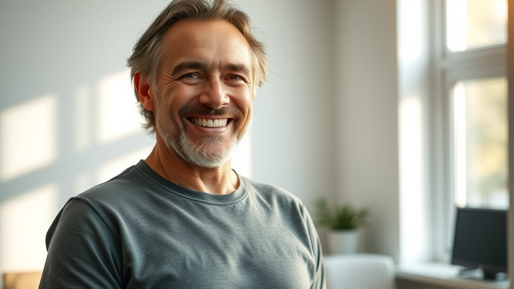 relieved adult patient smiling after a chiropractic adjustment at a modern chiropractic office in Gig Harbor, back pain chiropractor gig harbor