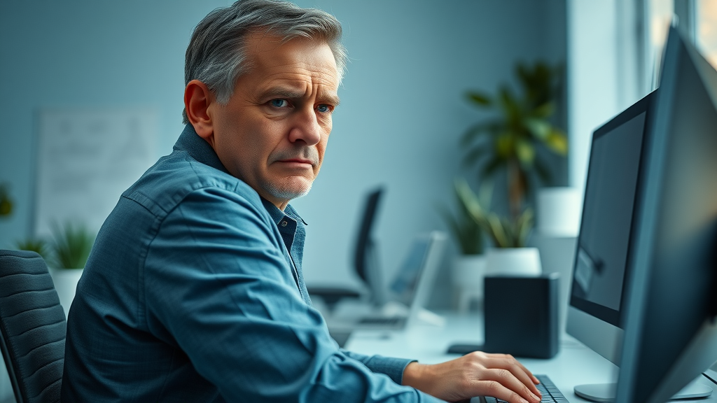 middle-aged person stretching lower back at a computer desk in ergonomic office, addressing back pain gig harbor