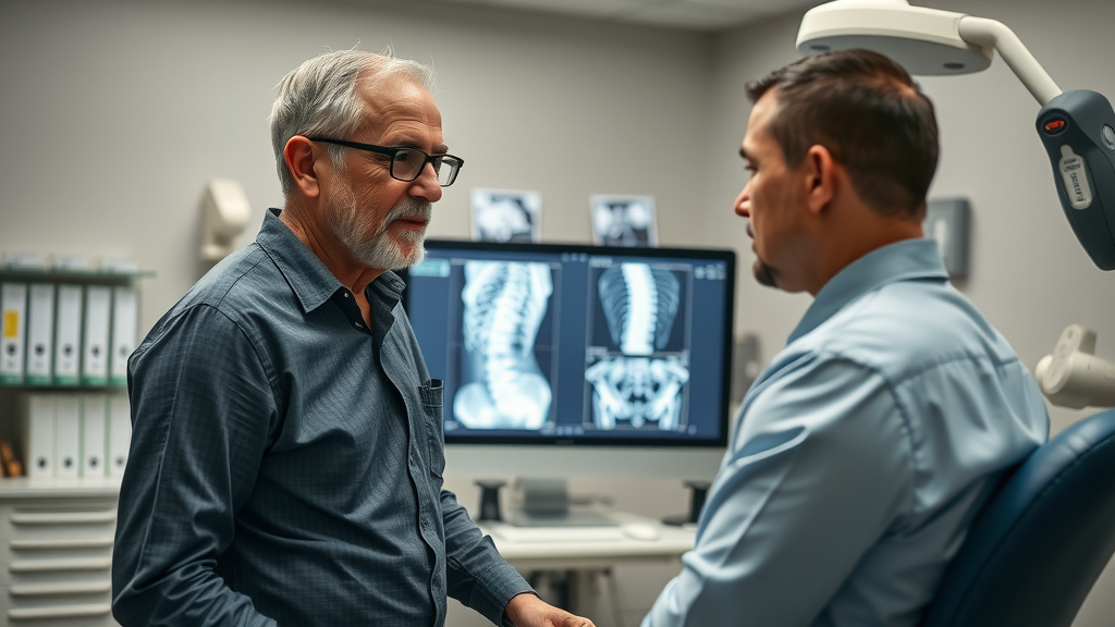 empathetic chiropractor consulting with patient reviewing spine imaging in a high-tech gig harbor clinic