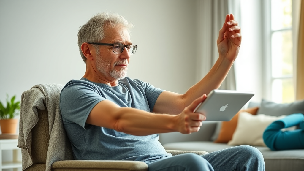 motivated young adult practicing at-home physical therapy stretching with a tablet in Gig Harbor