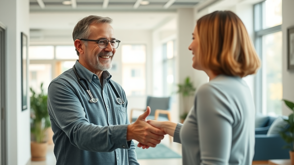 back pain chiropractor gig harbor greeting patient in modern clinic