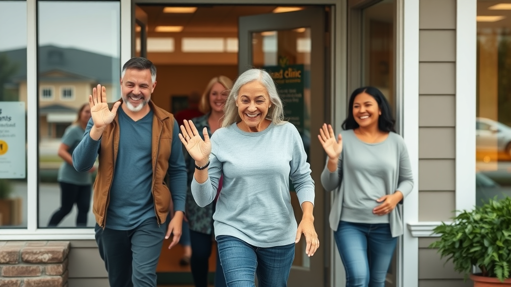 satisfied patients leaving chiropractic clinic in Gig Harbor, happy after pain relief treatment