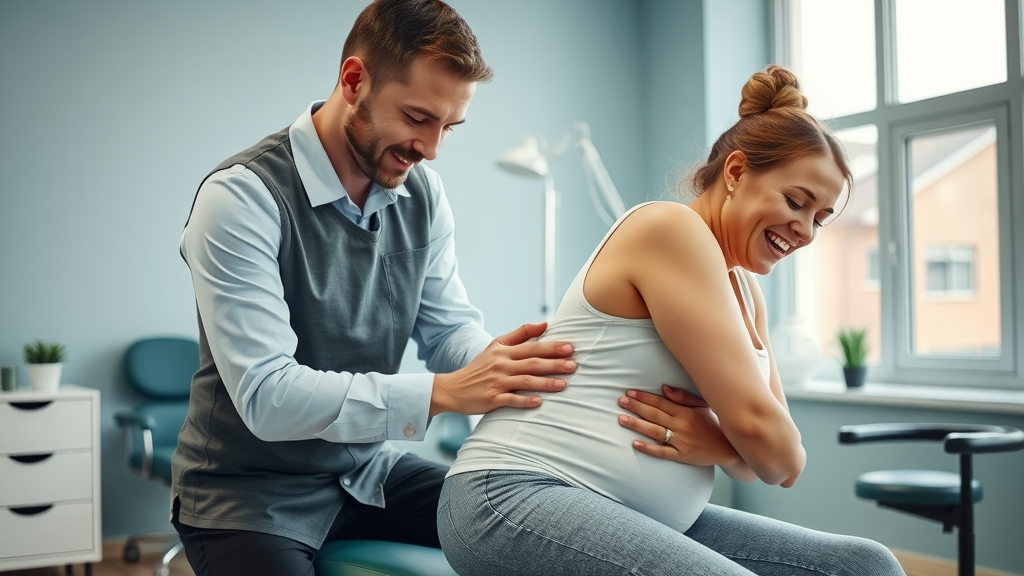 Expert chiropractor demonstrating gentle back adjustment for a pregnant woman in a Gig Harbor treatment room.