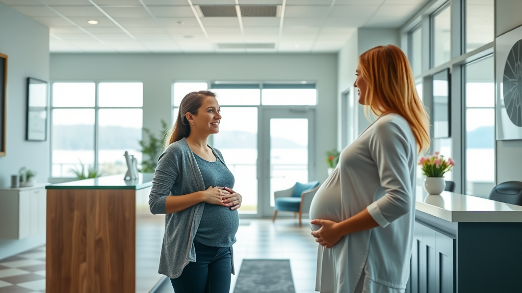 Inviting interior of a chiropractic wellness center in Gig Harbor, showing a welcoming reception and a pregnant woman being greeted.