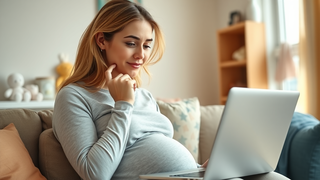 Thoughtful pregnant woman in Gig Harbor researching chiropractic wellness centers online for back pain relief.