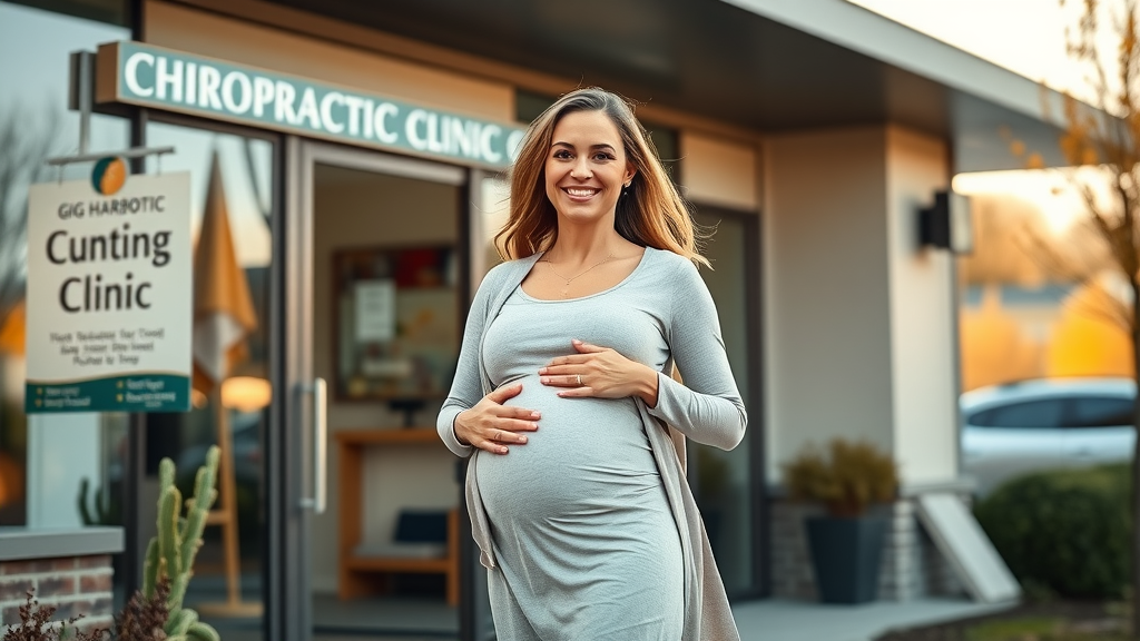Empowered pregnant woman confidently leaving a chiropractic clinic in Gig Harbor with a supportive partner.