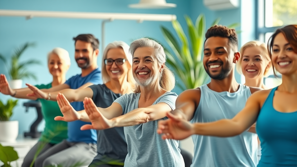 smiling patients with chiropractor gig harbor chiropractic wellness group wellness exercise back pain chiropractor gig harbor diverse group activity studio