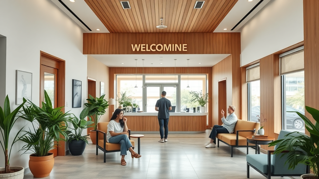 Holistic chiropractor Gig Harbor - welcoming modern clinic entrance with natural wood and green accents, inviting lobby atmosphere, comfortable seating and indoor plants.