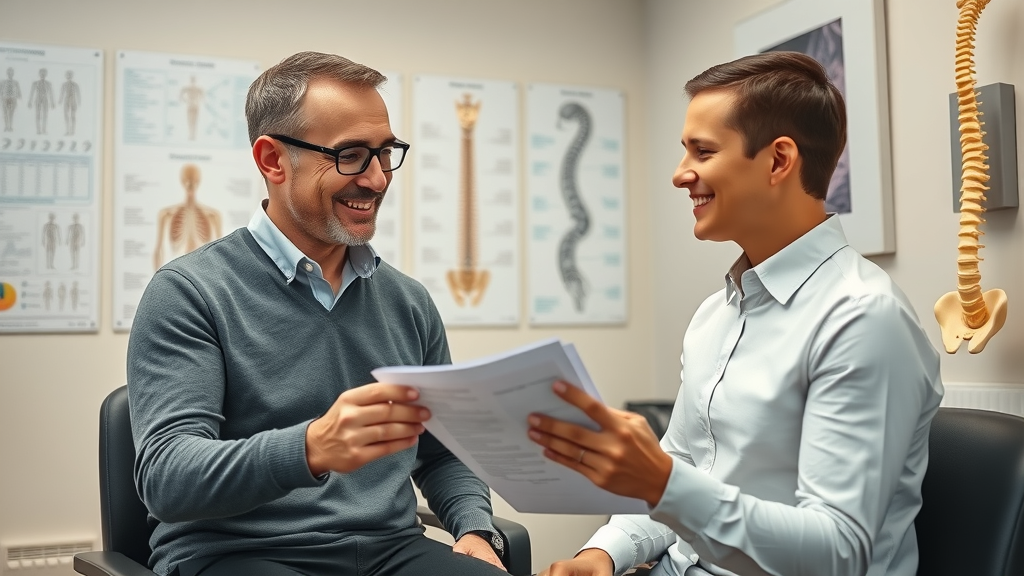 Holistic chiropractor Gig Harbor consulting with patient in a comfortable clinic, discussing wellness care and treatment plan, surrounded by spine models and educational charts.