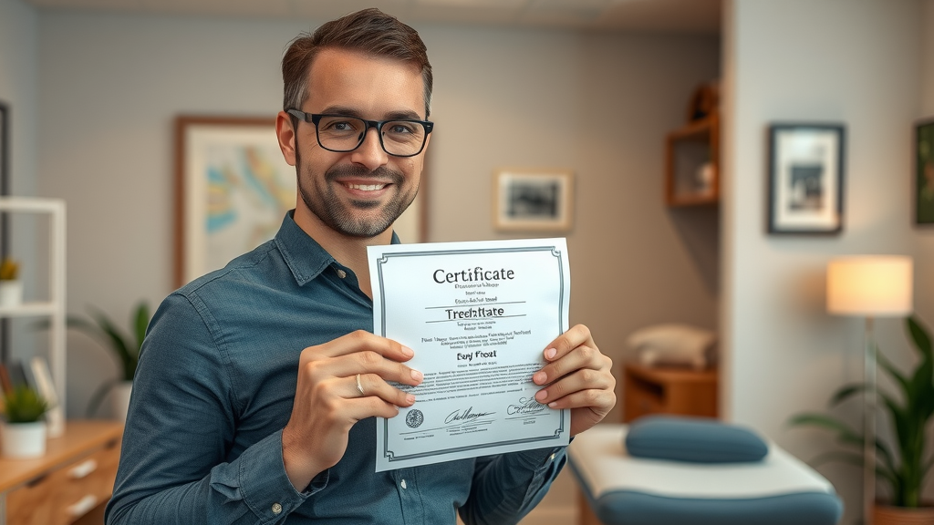 Confident, friendly holistic chiropractor Gig Harbor holding certification, pointing to a modern treatment room in a trusted wellness center.