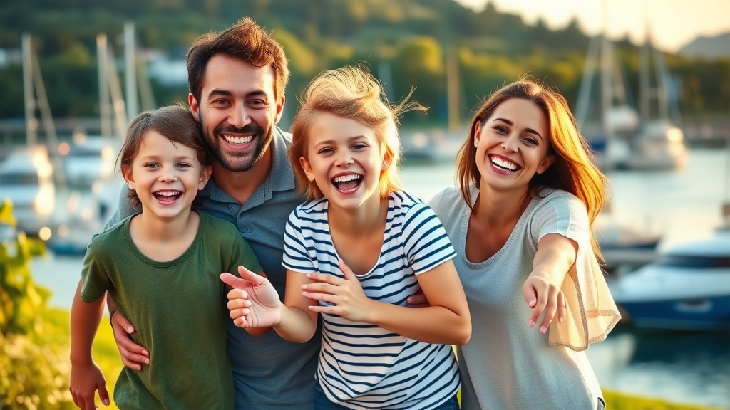 Happy family outdoors at Gig Harbor waterfront, embracing healthy lifestyle after holistic chiropractic care, vibrant smiles and natural setting.