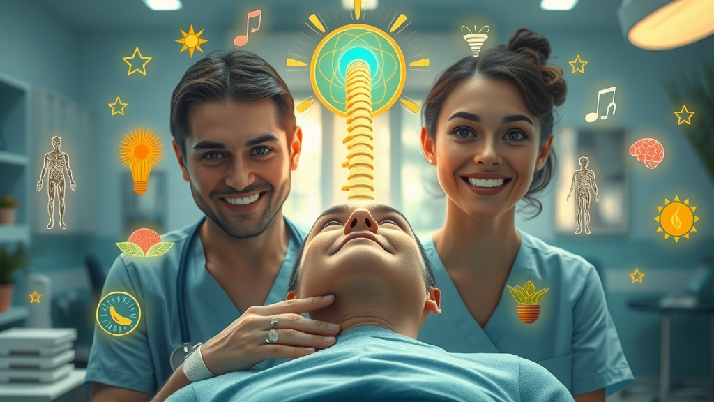 patient receiving holistic chiropractic care in gig harbor, surrounded by health and wellness symbols, vibrant healing environment