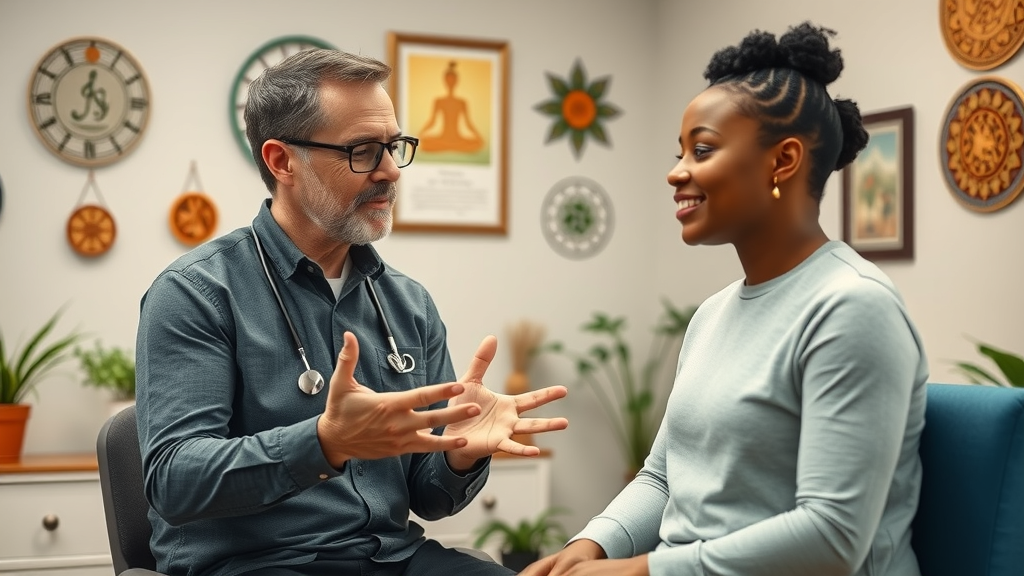 Holistic chiropractor consulting with a patient in Gig Harbor WA office, showing care and empathy during a treatment explanation.