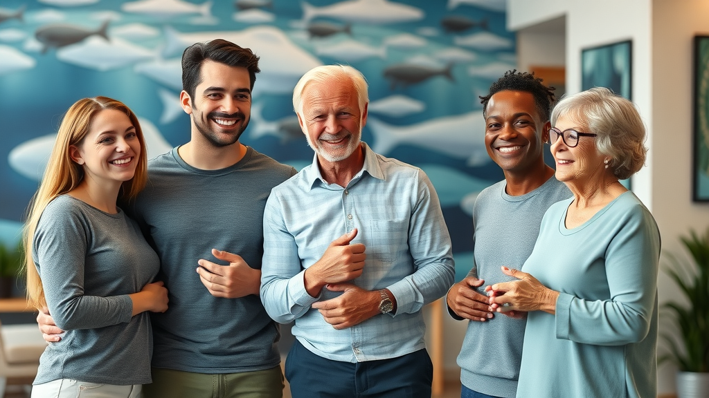 Gig Harbor chiropractor consulting with a family, athlete, and senior in a wellness center lobby.