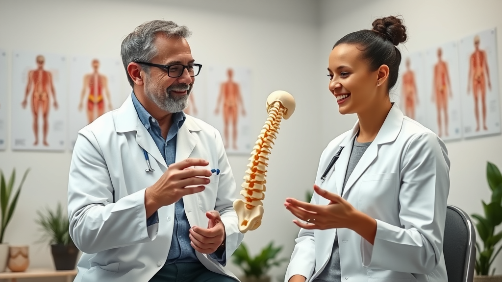 holistic chiropractor gig harbor consulting and explaining posture to patient in clinic with anatomical charts and plants