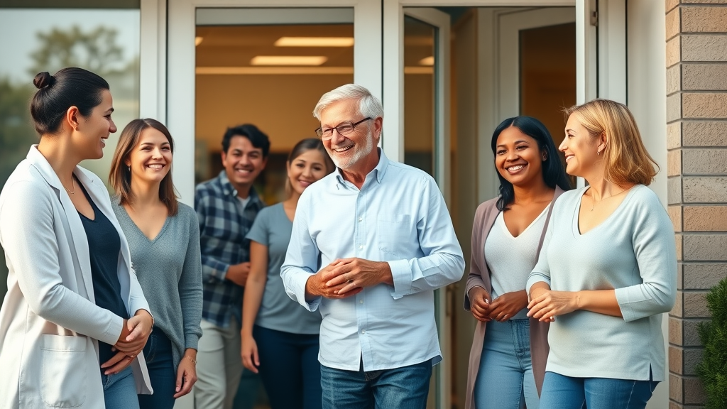 happy patients leaving holistic chiropractor gig harbor with visible clinic exterior, smiling after treatment