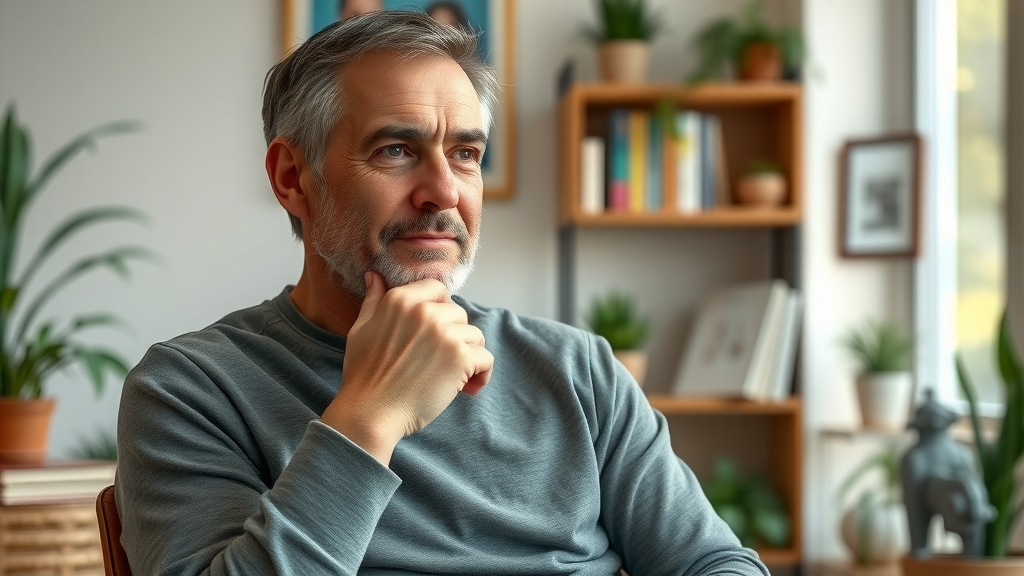 thoughtful adult considering holistic chiropractor gig harbor in tranquil wellness center office