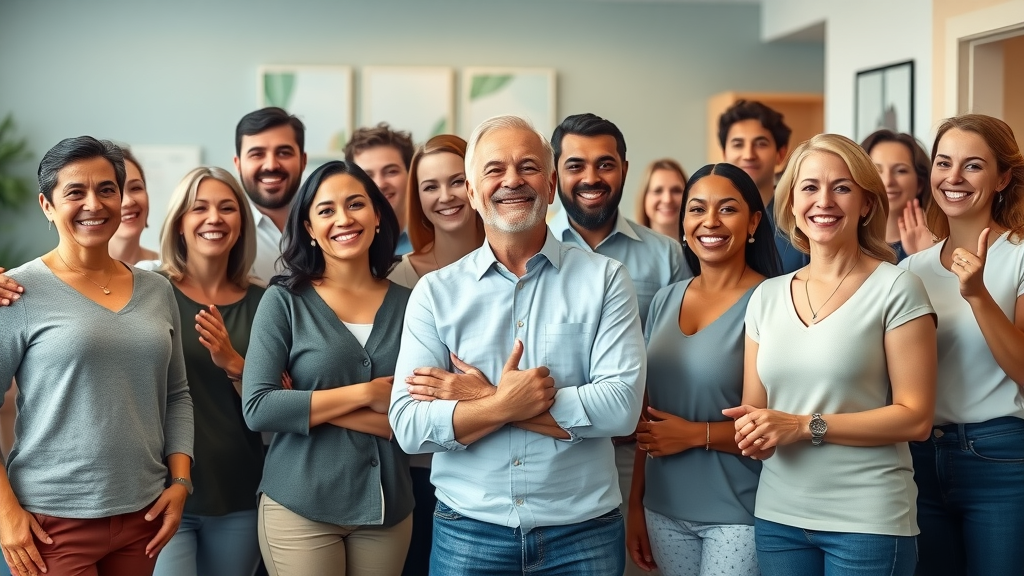 Diverse group of smiling patients at Fox Chiropractic Wellness Center in Gig Harbor, showing gratitude and health transformation.