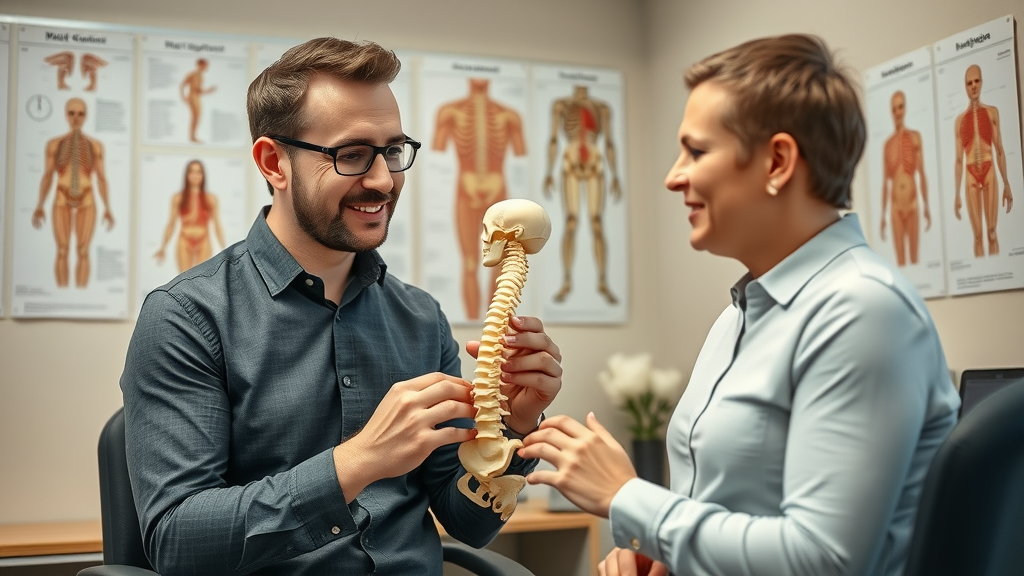 Confident holistic chiropractor in Gig Harbor explaining spinal health model to patient in an educational consultation room.