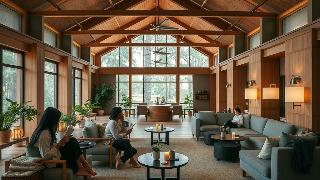 Spacious wellness center lounge area at Fox Chiropractic, serene interior with natural woods and greenery, patients relaxing and enjoying tea.
