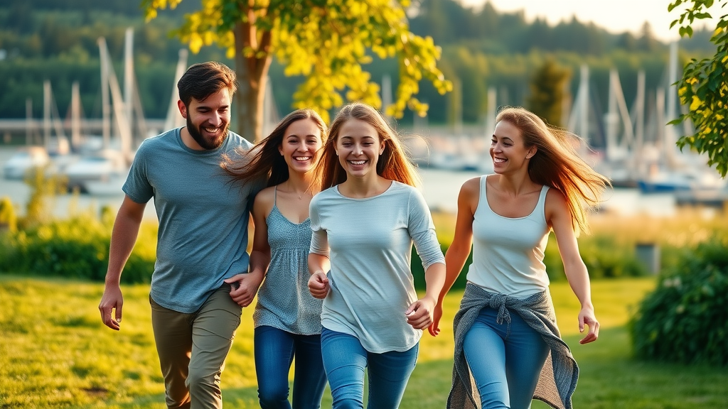 Happy active family walking together in a beautiful Gig Harbor park near the marina with lush greenery and golden sunlight.
