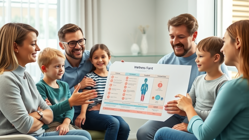 Confident family in wellness consultation at holistic chiropractor gig harbor; chiropractor explaining options