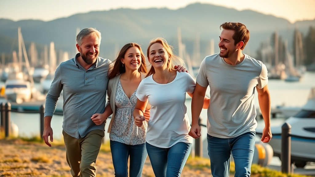 Happy healthy family at Gig Harbor waterfront after wellness care, holistic chiropractor gig harbor