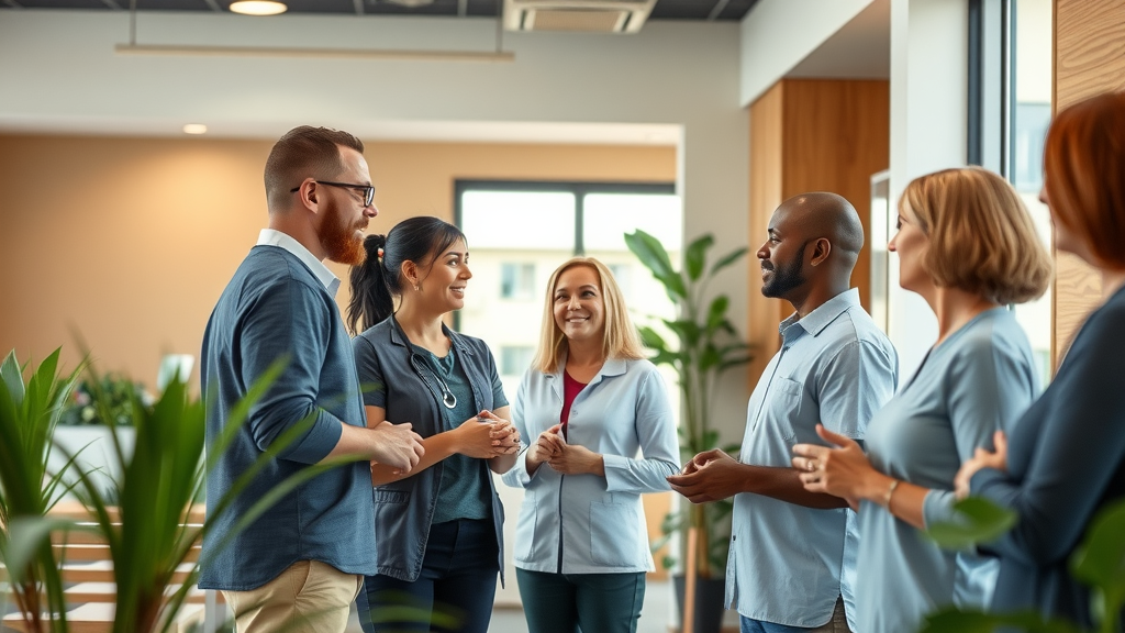 Welcoming modern chiropractic wellness center in Gig Harbor with staff interacting compassionately and natural light