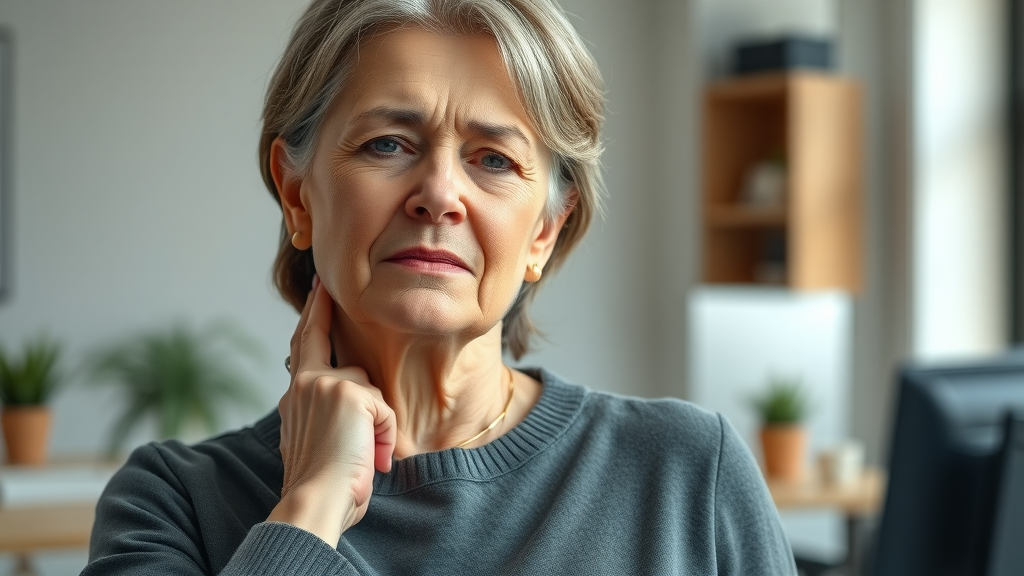 Middle-aged woman with neck pain in Gig Harbor, at ergonomic workspace, consulting for pain relief
