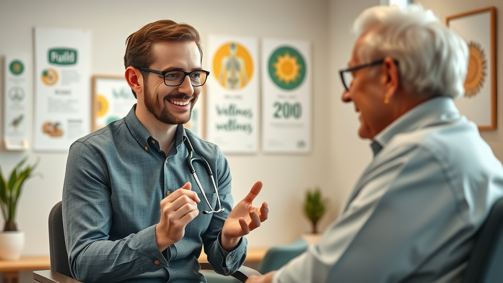 Compassionate holistic chiropractor in Gig Harbor advising senior patient on wellness in cozy clinic setting