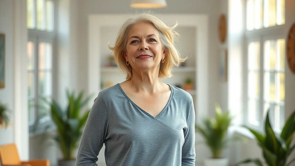 middle-aged woman with excellent posture at a holistic chiropractor gig harbor wellness center, sunlight filtering through windows