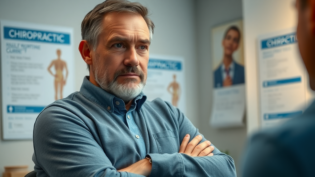 concerned man at chiropractor gig harbor observing consultation, chiropractic posters in background