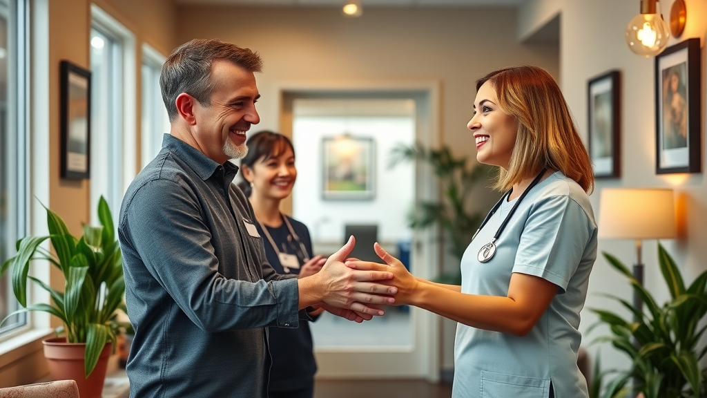 Holistic chiropractor gig harbor, warm inviting office with friendly staff greeting a new patient, healthy plants and cozy lighting