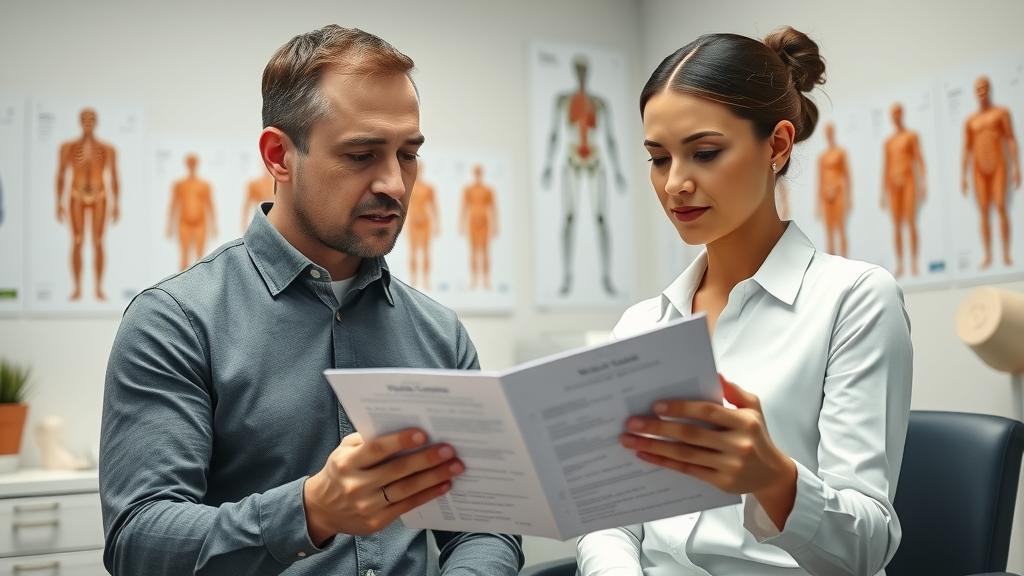 Chiropractor consulting with patient in Gig Harbor reviewing wellness charts, discussing health plan, holistic approach