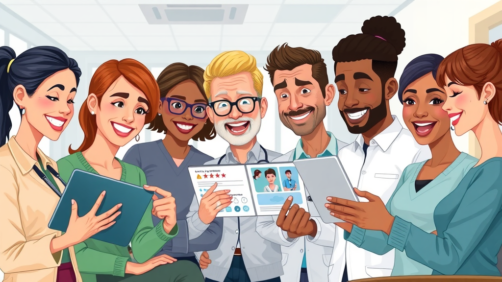 Patients reading chiropractor reviews on tablet in Gig Harbor, digital illustration, researching best holistic chiropractor