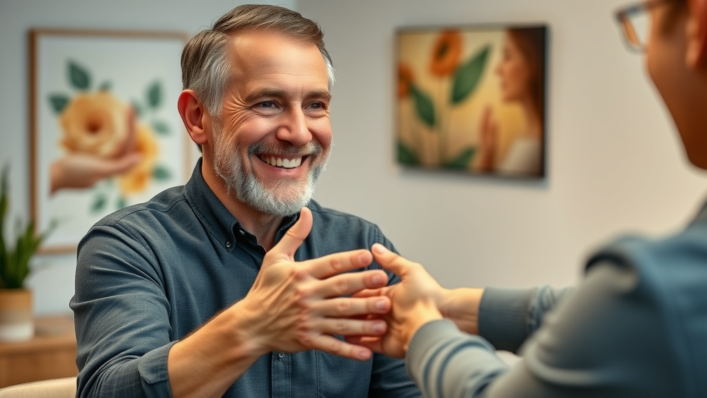 Happy patient expressing relief after chiropractic and massage session at a holistic chiropractor gig harbor clinic