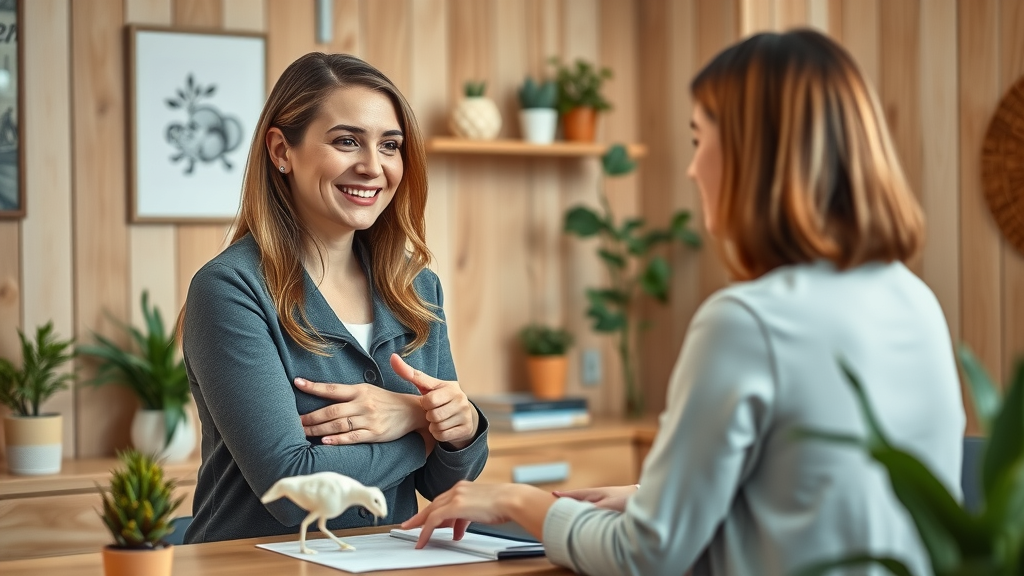 Warm welcoming female holistic chiropractor gig harbor consulting with woman patient in cozy wellness clinic