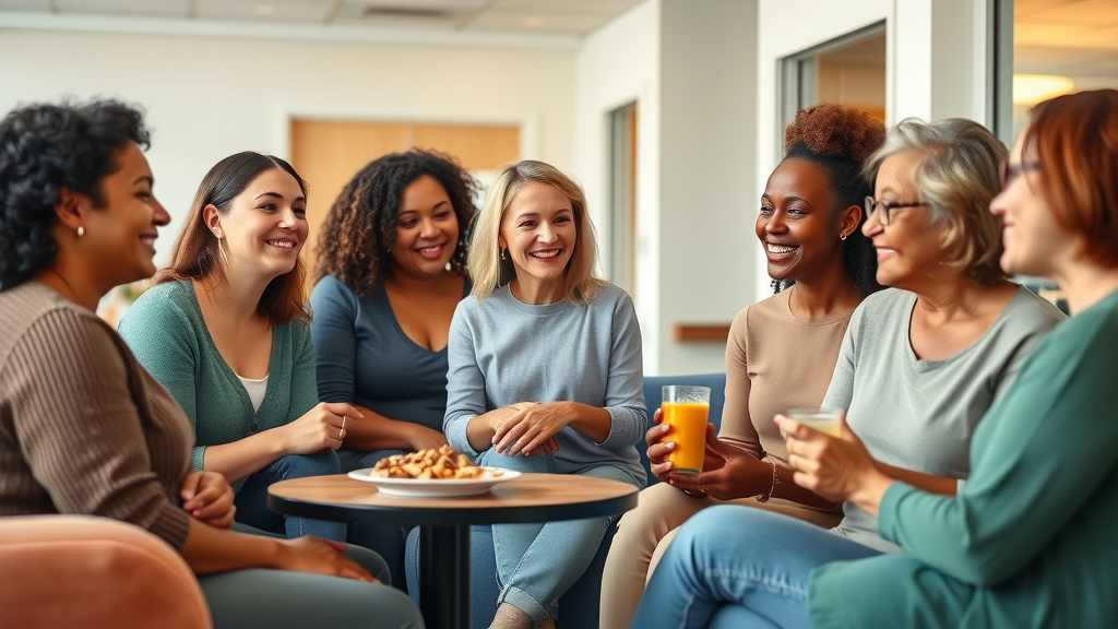Vibrant community of diverse women sharing success stories at gig harbor chiropractic wellness center lounge