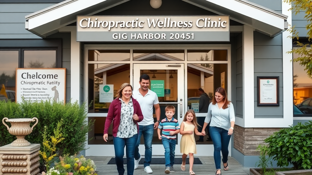 Exuberant families arriving at a modern holistic chiropractor Gig Harbor clinic, surrounded by greenery and welcoming signage, representing the benefits of chiropractic wellness care for children and teens.