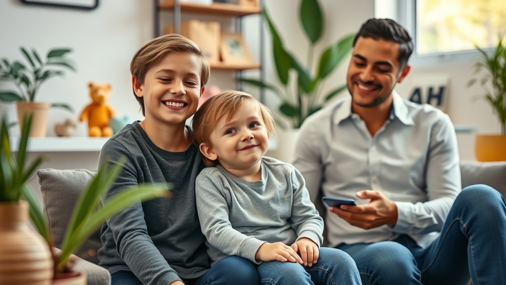 Happy family and smiling chiropractor in a cozy Gig Harbor wellness clinic, supporting children