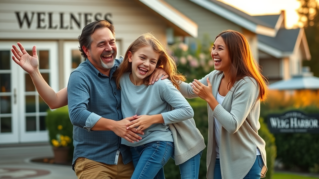 Happy family celebrating outside a Gig Harbor wellness center after receiving holistic chiropractic care, showing improved happiness and vitality in children and teens.