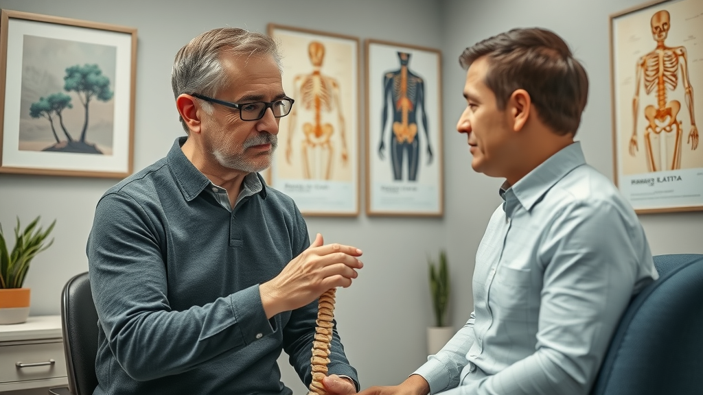 Empathetic holistic chiropractor consulting with patient in Gig Harbor, discussing spine health in a soothing, detailed clinical setting