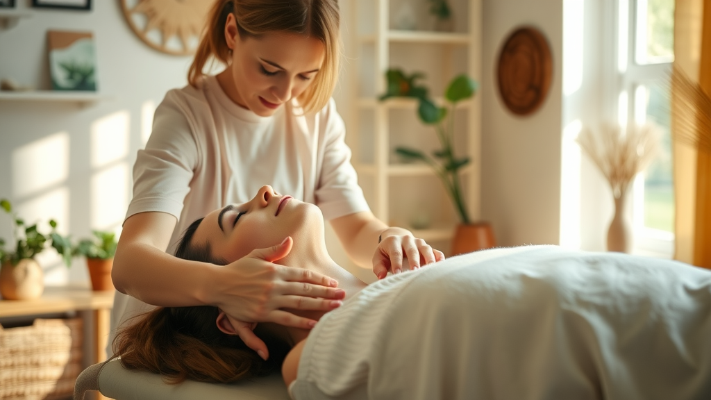 Chiropractor performing gentle holistic adjustment in Gig Harbor wellness center, hands-on care in serene sunlit therapy room