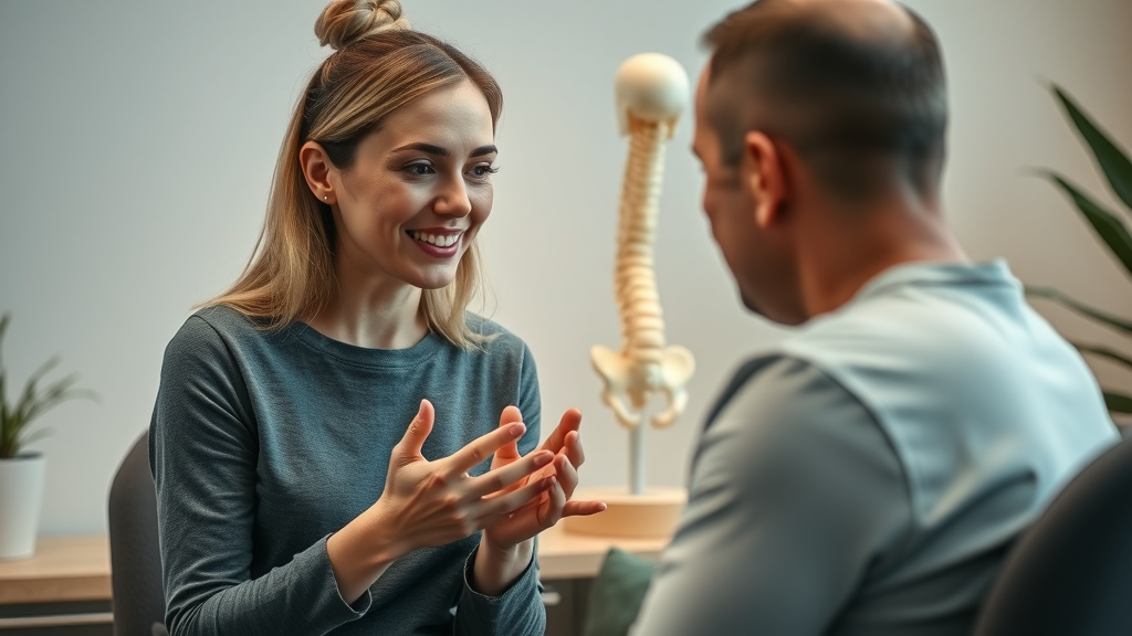 Holistic chiropractor gig harbor empathetic consultation with spine model in comfortable office